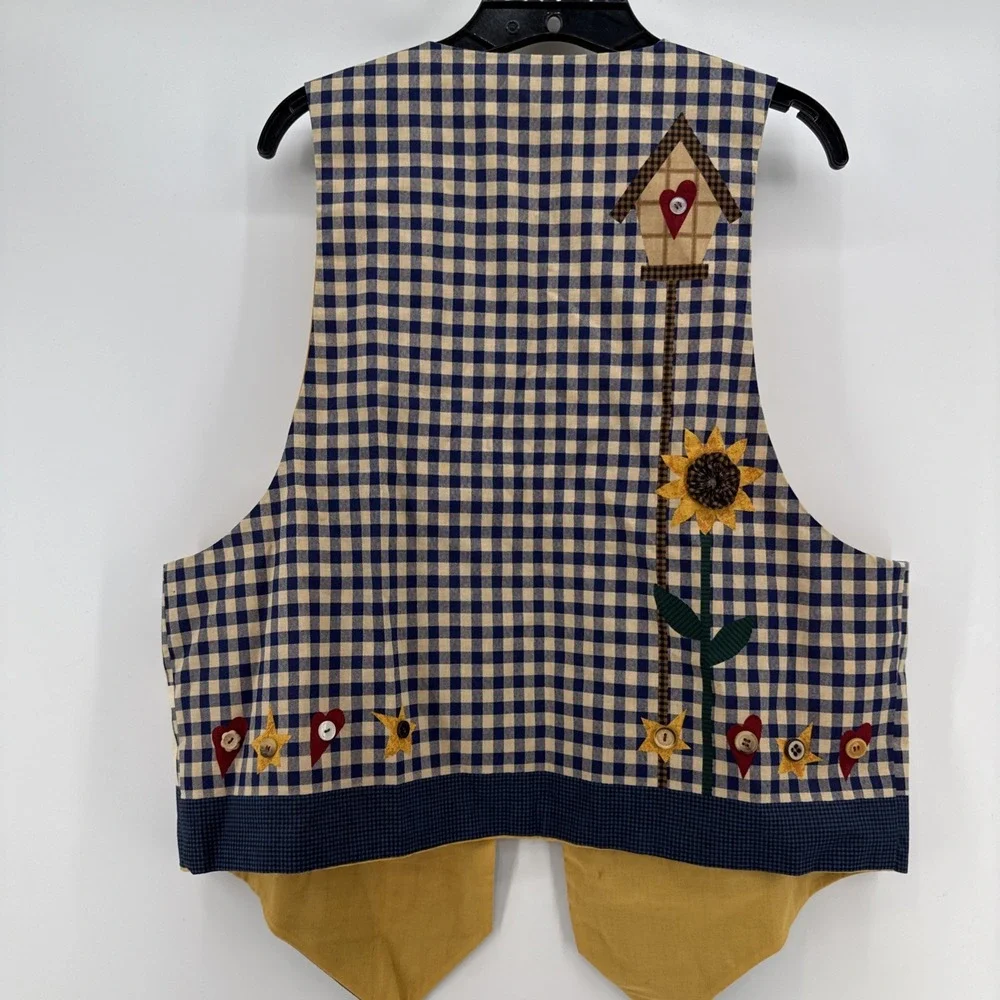 VTG Handmade Blue Gingham Sunflowers‎ Sz L Country Cottage  Novelty Shabby 80s